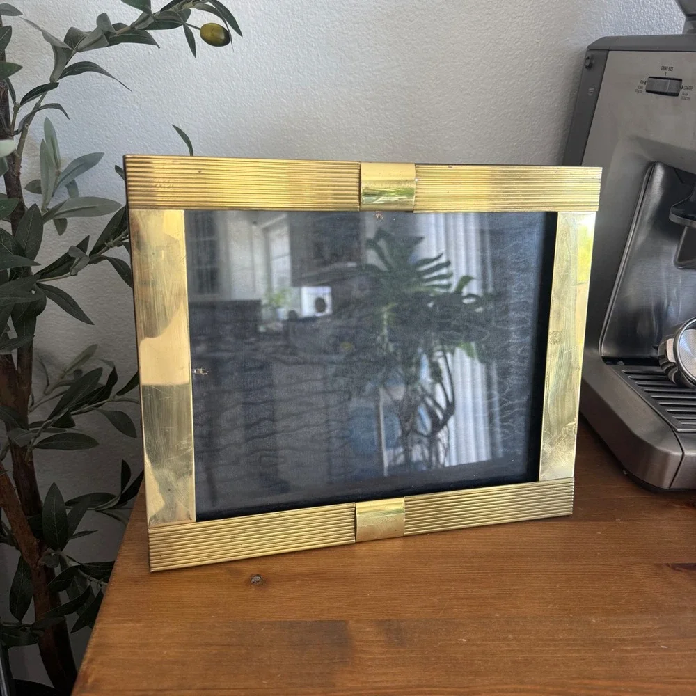 Vintage Brass Picture Frame Gold Ribbed Hollywood Regency 10x12 Tabletop Korea